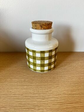 Ceramic Apothecary Jar with Cork Lid - Olive Gingham